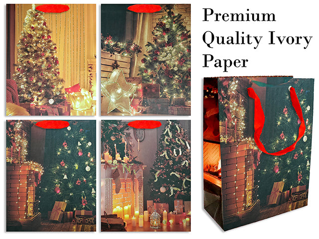 Xmas Gnome w/Tree Scene Premium Matte Gift Bag w/Glitter - Medium. 4 Asst. Satin Handle. J-Hook.