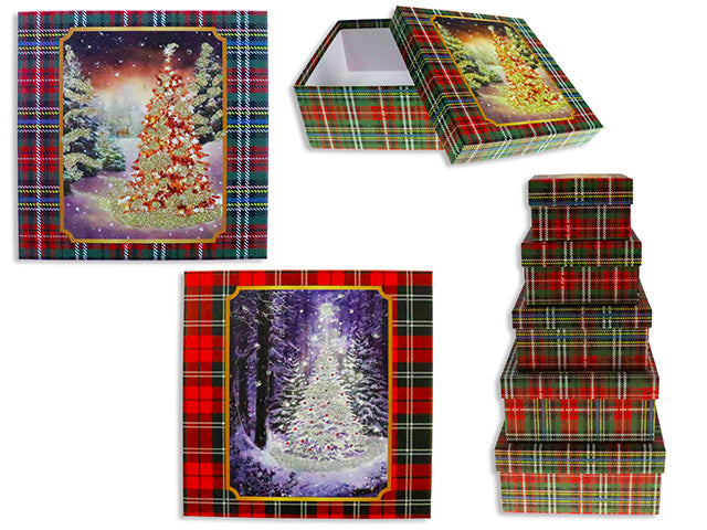 Set/5 Xmas Glitter Tree Scene Matte Gift Box w/ Plaid Border. 2 Asst.