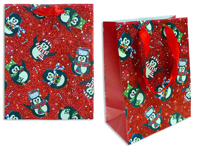 Xmas Penguin Matte Gift Bag w/Red/White Glitter - Large. Satin Ribbon Handle. J-Hook.