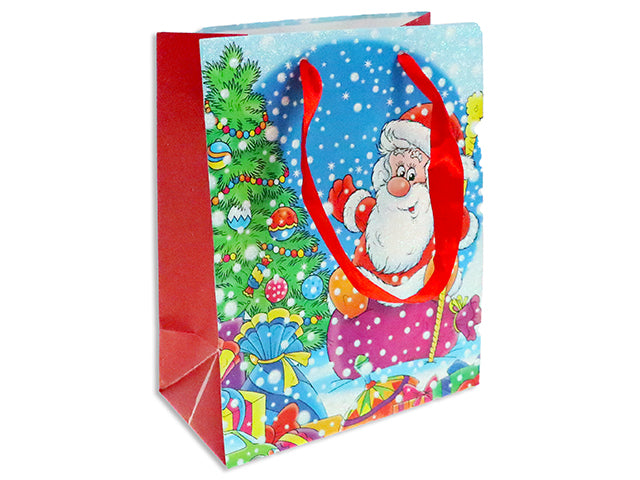 Xmas Cartoon Santa Matte Gift Bag w/Glitter - Medium. 2 Asst. Satin Ribbon Handle. J-Hook.