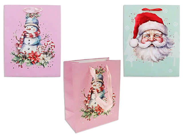 Xmas Matte Vintage Santa / Snowman Foil Hot Stamp Gift Bag - Medium. Satin Ribbon Handle. J-Hook.