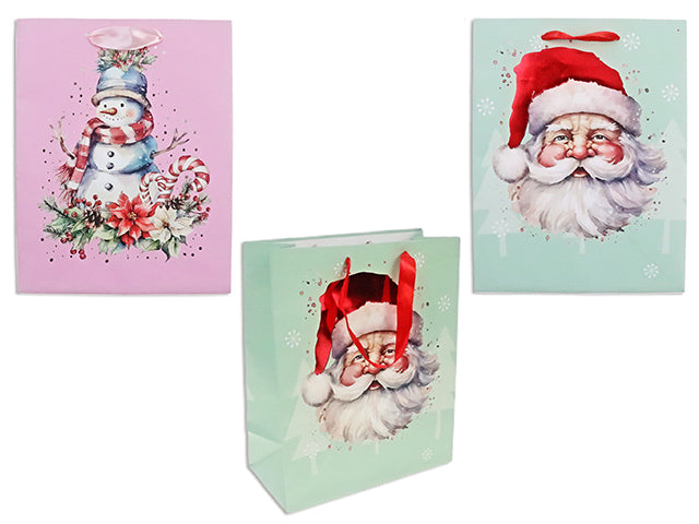 Xmas Matte Vintage Santa / Snowman Foil Hot Stamp Gift Bag - Large. Satin Ribbon Handle. J-Hook.