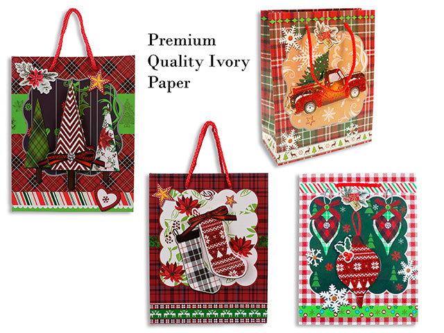 Xmas Plaid Vintage Premium Matte Gift Bag w/Glitter Tip-On -Medium.4 Asst.Rope Handle.J-Hook