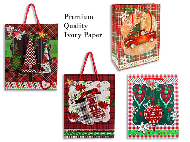 Xmas Plaid Vintage Premium Matte Gift Bag w/Glitter Tip-On -Large.4 Asst.Rope Handle.J-Hook