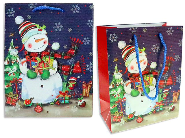 Xmas Cartoon Snowman Matte Gift Bag w/ Tip-On -Large. Twisted Rope Handle. J-Hook.