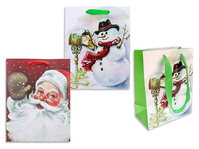 Xmas Vintage Snowman / Santa Matte Gift Bag w/ Glitter-Medium. Satin Ribbon Handle. 2Asst.J-Hook.