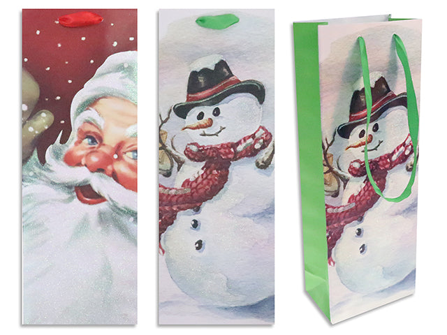 Xmas Vintage Snowman / Santa Matte Gift Bag w/ Glitter-Bottle. Satin Ribbon Handle. 2Asst.J-Hook.