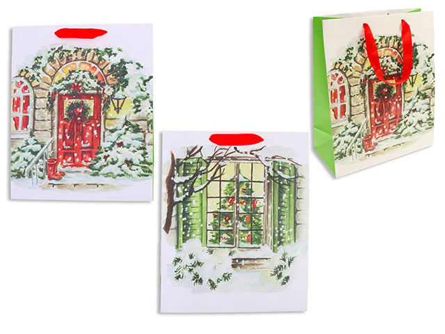 Xmas Snowy House Scene Matte Gift Bag w/Glitter - Small. 2 Asst. Satin Ribbon Handle. J-Hook.