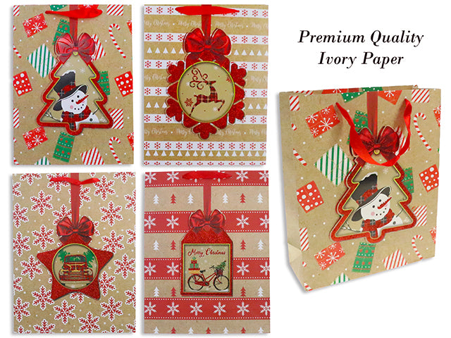 Xmas Glitter Vintage Premium Matte Gift Bag w/ Tip-On -Medium.Satin Ribbon Handle. 4 Asst.J-Hook.