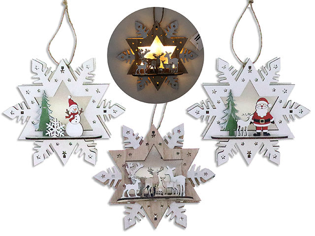 5.78in B/O 5-Micro LED Xmas Wooden 3-Layered Die-Cut Snowflake Hanging Decor. 3 Asst. Cht.