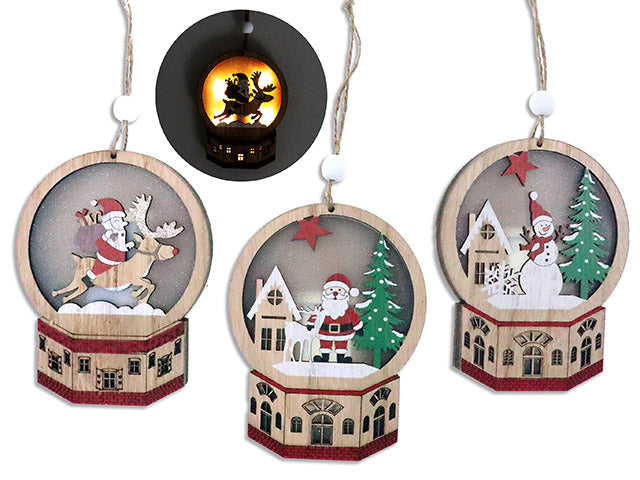 5.1in x 4in B/O 5 LED Xmas Layered Die-Cut Water Globe Decorw/Jute Hanger. 3 Asst.Styles.Cht.