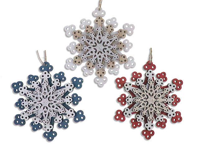 5-7/8in Xmas 3-Layered Snowflake Decor w/Glitter. Jute Hanger. 3 Asst.Colours. Cht.