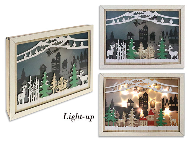 10.85in x 7-7/8in B/O 8-LED Xmas Snowy Village Decor w/Glitter Border. 2 Asst.Styles. Cht.