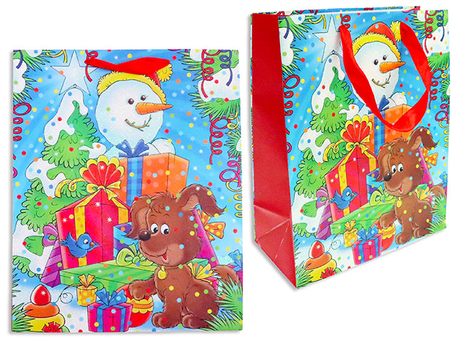 Xmas Cartoon Puppy Matte Gift Bag w/Glitter - Large. Satin Ribbon Handle. J-Hook.