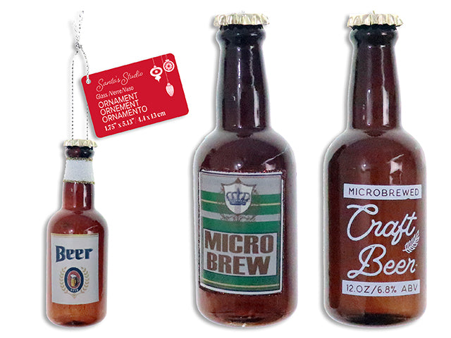 1-3/4in x 5-1/8in Xmas Beer Bottle Glass Ornament w/Tinsel Hanger. 3 Asst. Cht.