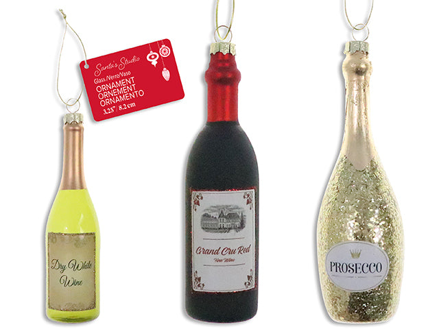 Xmas Wine Bottle Glass Ornament w/Tinsel Hanger. 3 Asst. Cht.