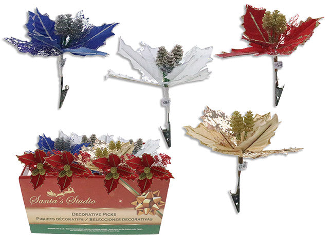 5.9in Xmas 2-Layered Flocked Glitter Golden Poinsettia Clip w/Pine in Dsp. 24/Dsp. 4 Ass. Htg.