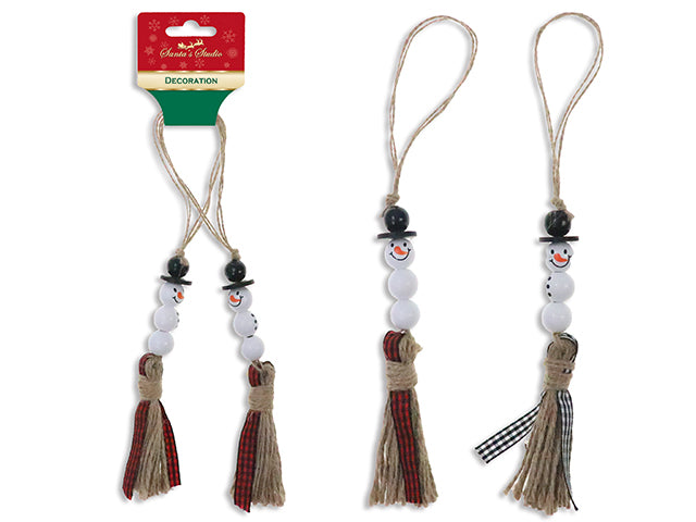 2pk 11in Xmas Beaded Snowman Hanging Decor w/Jute Tassel+Buffalo Plaid Ribbon. 2 Asst. Barbell h/c.