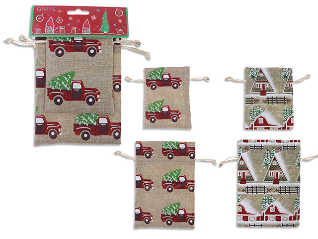 Set/2 Xmas Jute Vintage Car/Country Barn Drawstring Gift Sack. 2 Asst.Styles. Pbh.