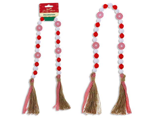 28in Xmas Beaded Candy Garland w/Jute Tassels + Gingham Ribbon. Barbell h/c.