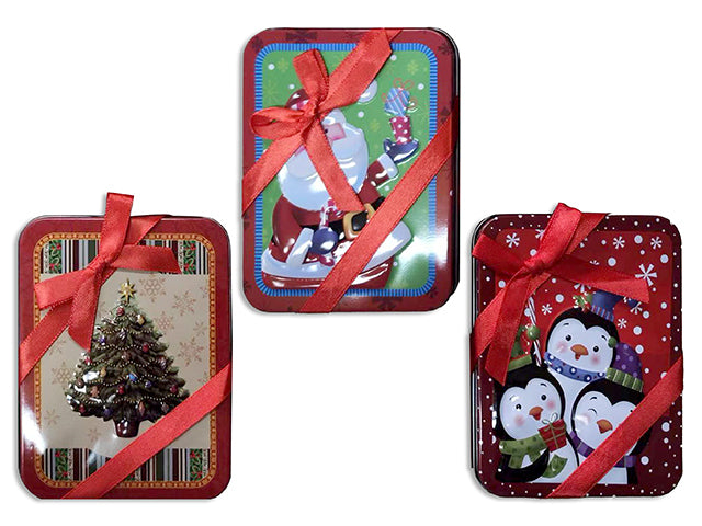 4-5/8in x 3-1/2in Xmas Printed Tin Gift Card Holder w/Satin Ribbon.Incl.PVC Tray.4 Asst. h/c.