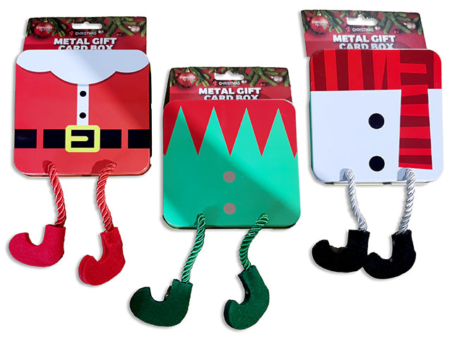 4in Xmas Tin Square Gift Card Holder w/ Dangling Legs. Paper Platform Tray. 3 Asst. h/c.