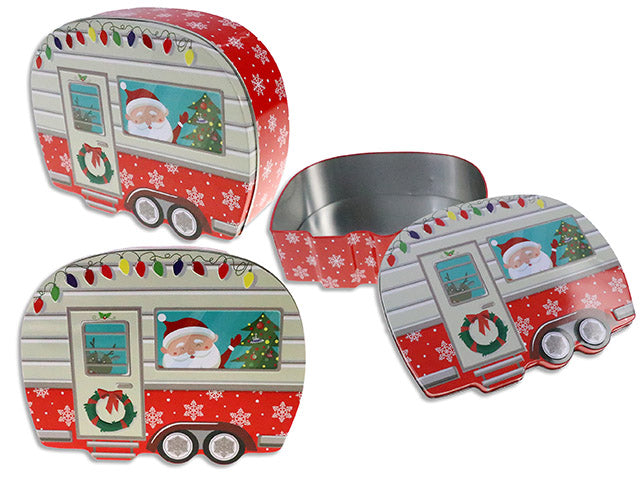 7-5/8in x 6in Xmas Embossed Die-Cut Cartoon Camper Van Tin. LBL