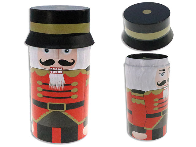 6-3/4in x 3-1/8in Xmas Shiny Nutcracker Tin w/ 3D Matte Hat. LBL.