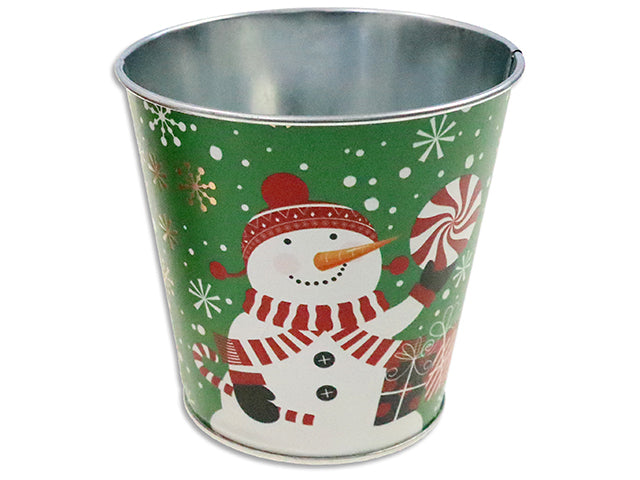 5-1/8in(TD) x 4.5in(H) Xmas Matte Rose Gold Printed Snowman Round Metal Bucket.