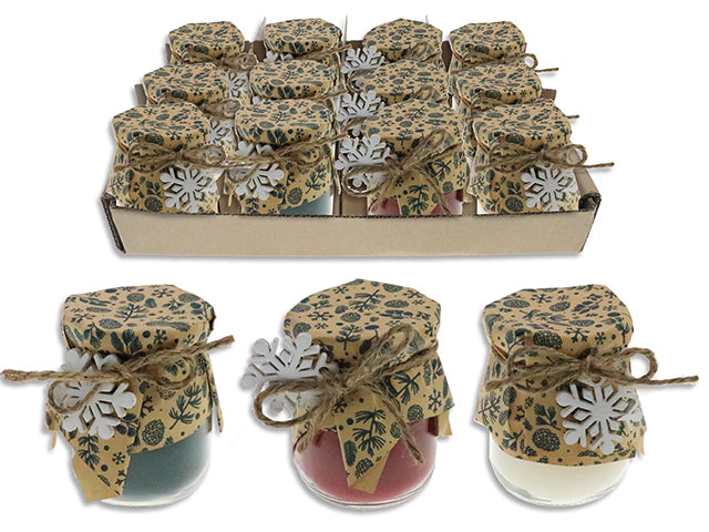 2.75in Xmas Scented Wax Candle in Mason Jar w/ Cover. Jute String w/Snowflake.3 Asst.12pcs/Dsp.