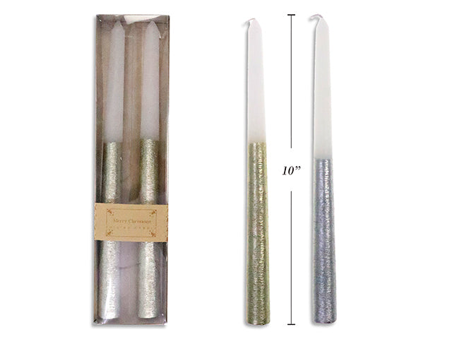 2pk 10in 2-Tone Tapered Candle. 2 Asst.Cols. Paper Tray w/PVC Cover. SLV.