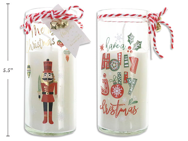 5.5in Xmas Scented Wax Candle in Printed Glass Holder w/Red&White String+Bells. 2 Asst.