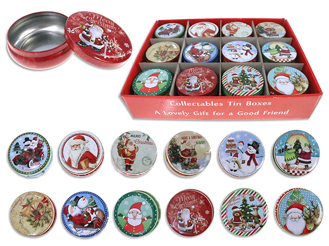 3.4in Xmas Vintage Characters Shiny Cookie Tin in Dsp. 1.5in(H). 24/Dsp. 12 Styles/Dsp.