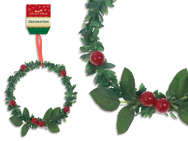 5in Xmas Holly Berry Leaves Wreath w/Satin Hanger. Cht.