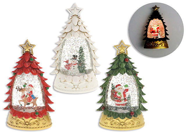 5.5in Xmas B/O LED Water Globe Tree w/Polyresin Character Inside. 3 Asst. 12pcs/Eggcrate Tray.