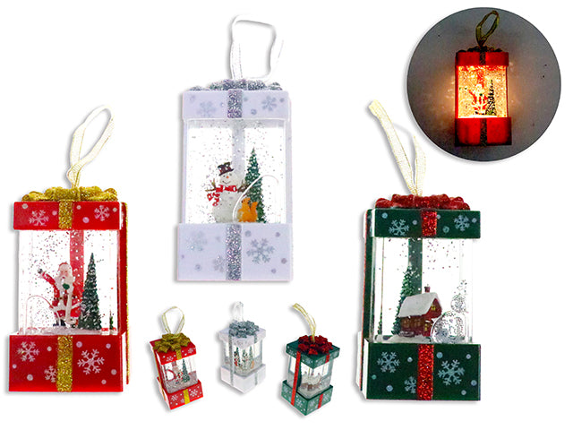 4.5in Xmas B/O LED Glitter Hanging Water Globe Present w/PResin Character.3 Asst. 12pcs/Eggcrate.