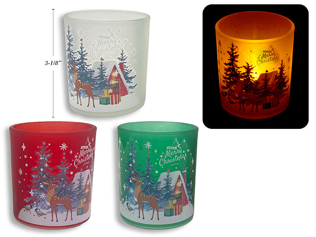 3-1/8 Xmas Frosted Winter Scene Glass Candle Holder. 3 Asst.Colours.