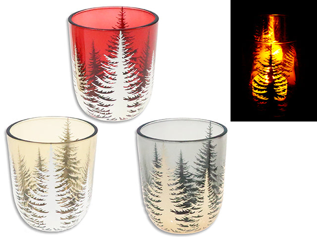 3-3/8in Xmas Laser Cut Foil Forest Scene Glass Candle Holder. 3 Asst.Colours.