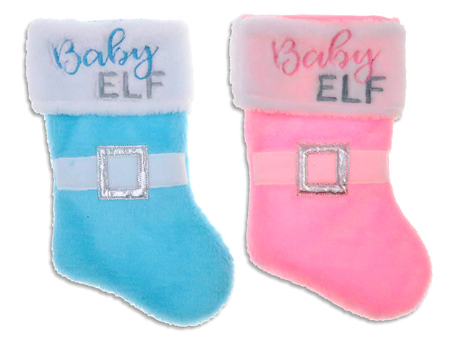 13in Xmas Baby Plush Embroidered Stocking w/Belt Embellishment. 6.5in(W). 2 Asst.J-Hook w/Cht.