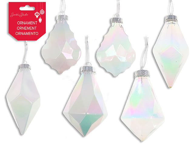 Xmas Pearlized+Clear Iridescent Geometric Diamond Ornaments. 6 Asst: 3 Asst Shapes x 2 Asst Col. h/c