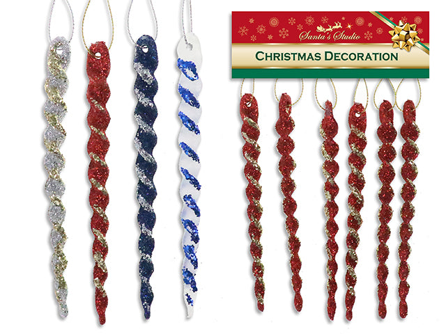 6pk 135mm 2-Tone Glitter Icicle Ornament w/Tinsel Hanger. 4 Asst.Colours. h/c.