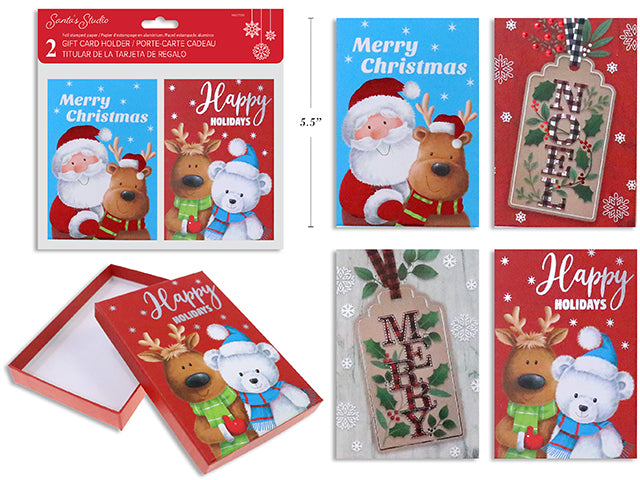 2pk 5.5in x 3-3/4in Xmas Foil/Hot Stamped Paper Gift Card Holder. Random Style/pk. 2 Asst. Pbh.