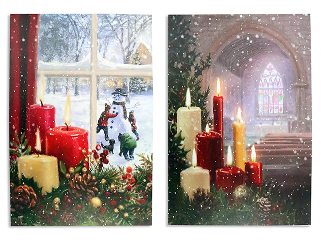 23-5/8in x 15.75in B/O 3-LED Xmas Candle Canvas Painting. 2 Asst. Shrink Wrap.