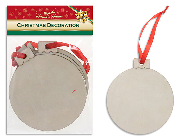 4pk 96mm Xmas Decor your own Wooden Round Ornament w/Satin Hanger . Pbh.