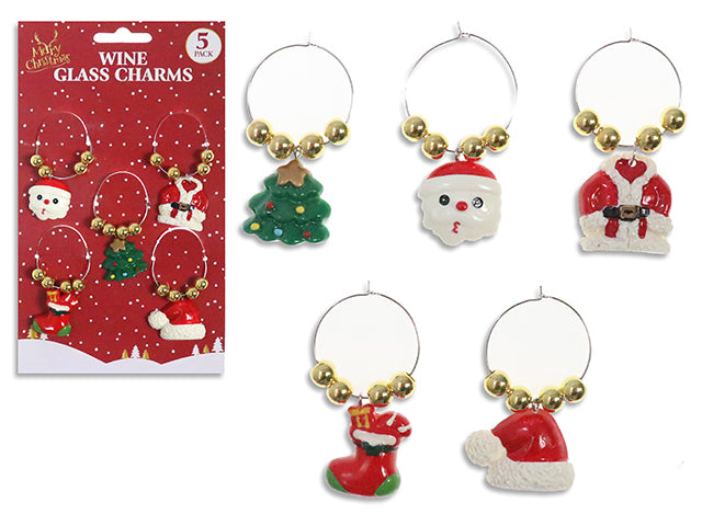 5pk Xmas Polyresin Beaded Wine Marker Charms. 5 Asst. Charms pPer Pack. Polybag w/Insert.