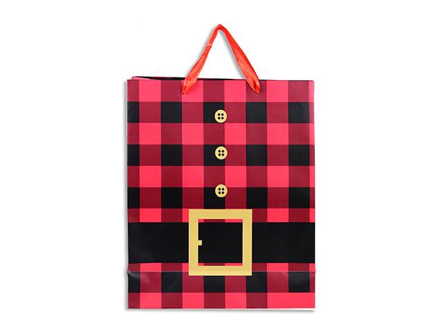 Xmas Matte Buffalo Plaid w/Glitter Santa Belt Gift Bag - Small. Satin Handle w/Tag. J-Hook.