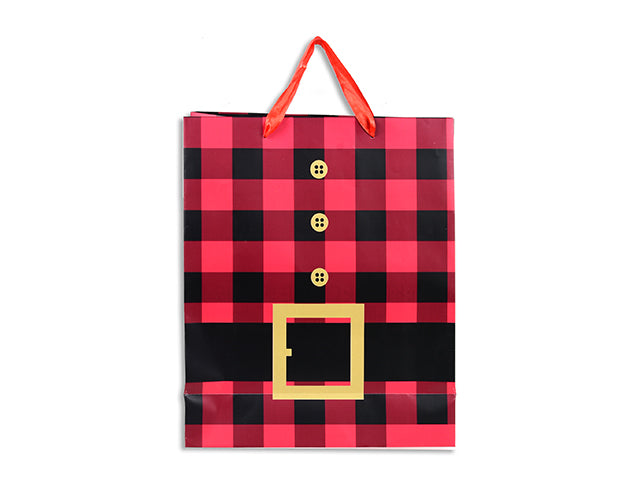 Xmas Matte Buffalo Plaid w/Glitter Santa Belt Gift Bag -Medium. Satin Handle w/Tag. J-Hook.