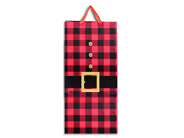 Xmas Matte Buffalo Plaid w/Glitter Santa Belt Gift Bag -Bottle. Satin Handle w/Tag. J-Hook.