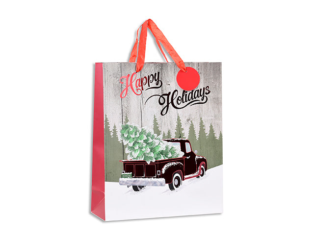 Xmas Matte Red Foil Hot Stamped Vintage Car Gift Bag - Medium. Satin Handle w/Tag. J-Hook.