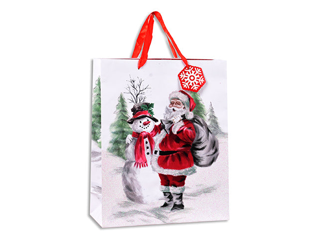 Xmas Matte w/Iridescent Glitter Santa+Snowman Gift Bag - Medium. Satin Handle w/Tag. J-Hook.